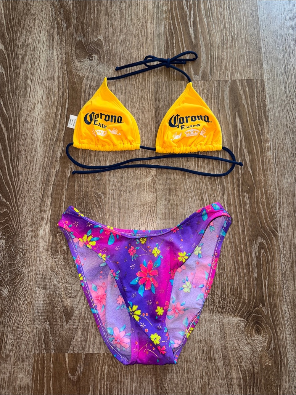 Vintage Y2K Yellow Triangle Bikini Top & Purple Floral Bottoms